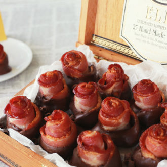 Make roses out of yummy #bacon, dip them in silky smooth #chocolate and arrange them in a cigar box for the perfect homemade Father's Day gift. | recipe and instructions on CherylStyle.com