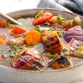 A delicious bowl of roasted vegetable and herb soup