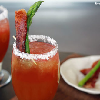 A glass of bacon bloody Mary — a refreshing brunch cocktail.