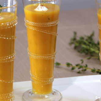 Three glasses of skinny butternut soup sippers