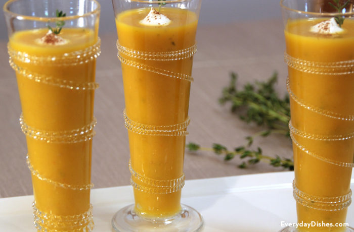 Three glasses of skinny butternut soup sippers