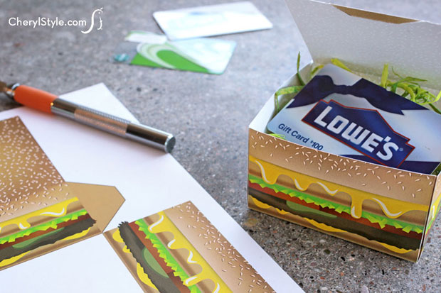 Think outside the box with a easy and quick #printable #cheeseburger #giftbox | instructions on Everyday Dishes & DIY.com