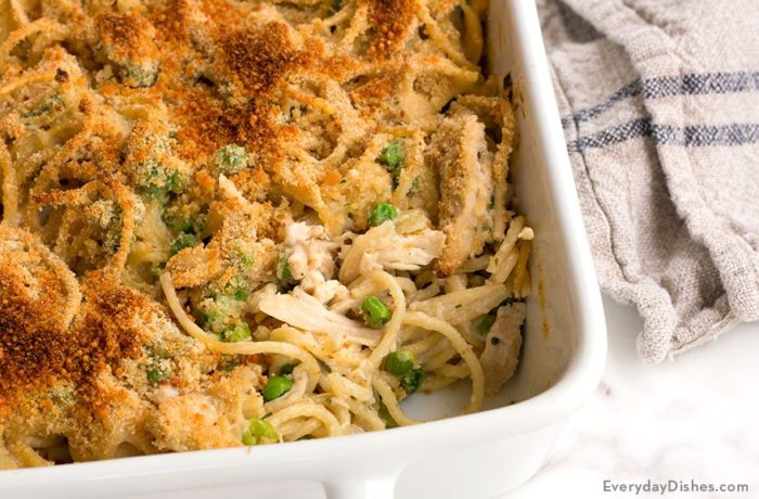 A freshly made leftover turkey tetrazzini casserole, ready to enjoy for dinner.