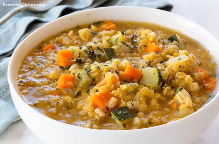 A bowl of healthy red lentil and vegetable soup, a hearty meal.