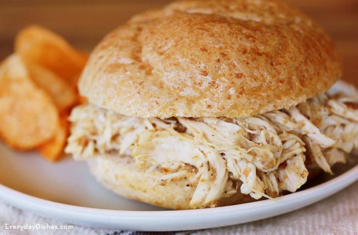 A sandwich made with slow cooker shredded chicken
