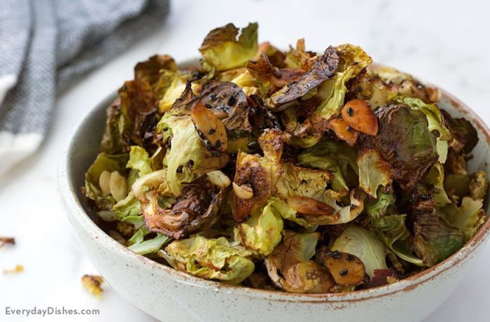 A bowl full of delicious balsamic roasted brussels sprouts.