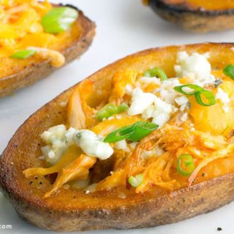 A batch of buffalo chicken potato skins, a great snack on game day.