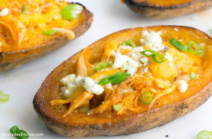 A batch of buffalo chicken potato skins, a great snack on game day.