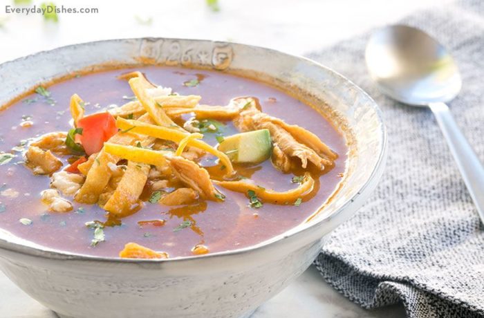 A bowl full of chicken tortilla soup that's ready to enjoy