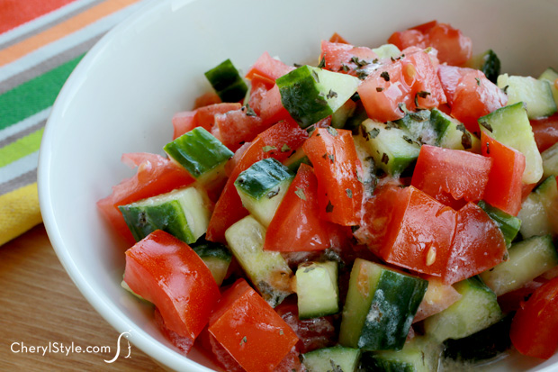 Quick and easy cucumber tomato salad with yogurt dressing
