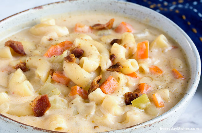 A bowl of mac and cheese beer soup