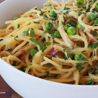 A bowl of pasta carbonara, a quick and easy Italian dinner.