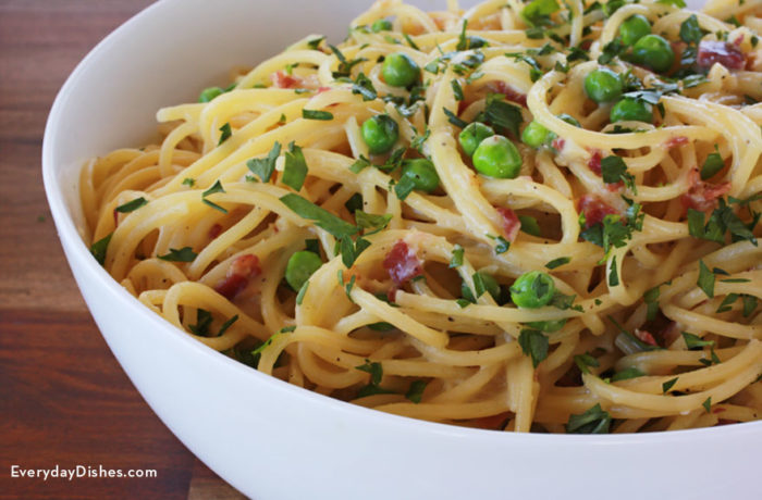 A bowl of pasta carbonara, a quick and easy Italian dinner.