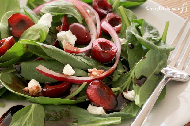 Light and refreshing spinach salad with cherry balsamic vinaigrette.