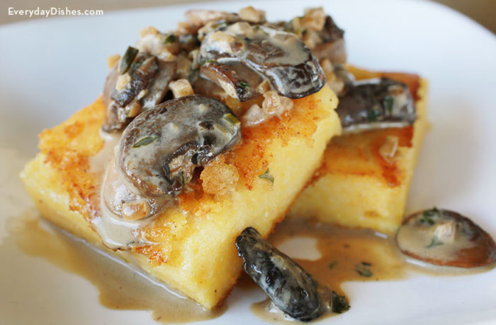 Crispy polenta with mushroom sauce that's ready to eat for dinner.