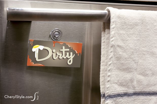 A clean/dirty dishwasher sign tells everyone when to load or unload
