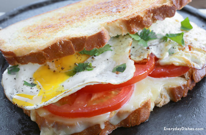 A delicious fried egg grilled cheese sandwich, a healthy breakfast.