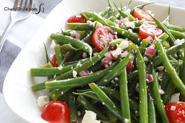 Tangy vegetarian green bean salad is perfect for summer.