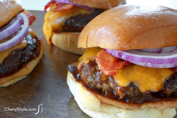 A smoky whiskey BBQ burger with thick-cut bacon and cheddar!