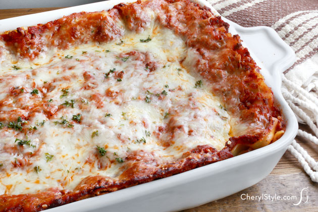 The best sweet homemade lasagna — in a dish and ready to serve.