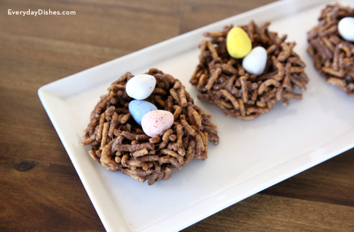 Some homemade chocolate hazelnut bird nests, a cute Easter treat.