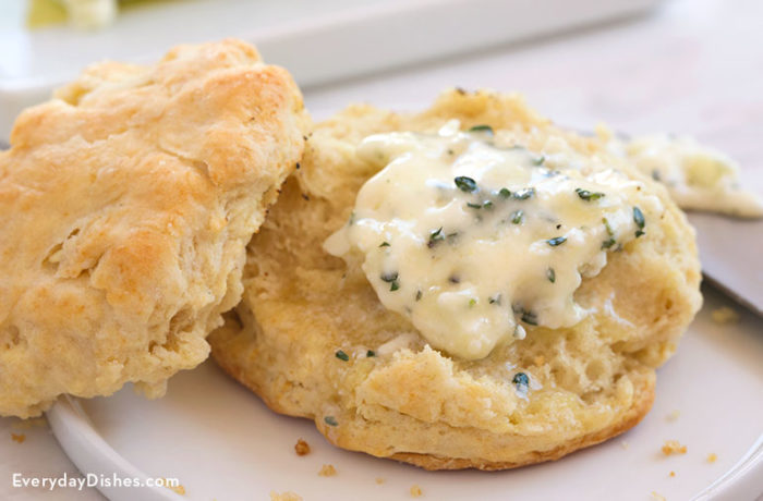 A flaky biscuit topped with easy, homemade blue cheese butter.