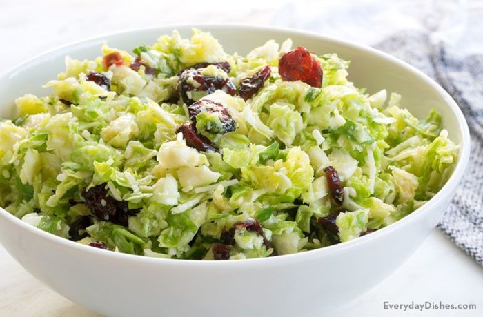 A bowl of brussels sprouts salad, ready to serve.