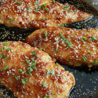 One pan sesame ginger chicken that's being cooked for dinner.