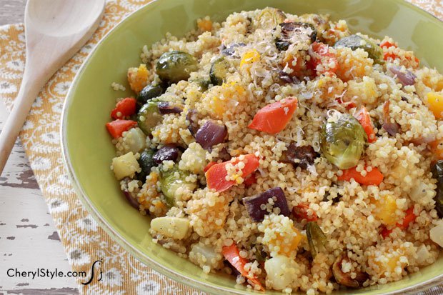 Quick and easy quinoa with roasted vegetables is served in a bowl for a super healthy dinner!