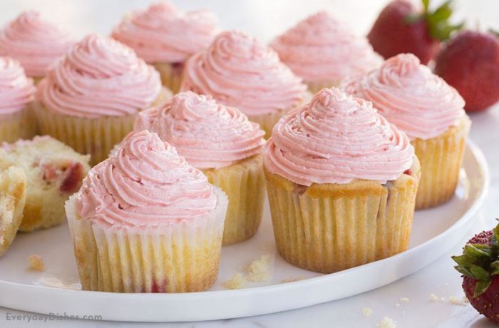 A batch of cupcakes made with fresh strawberries.