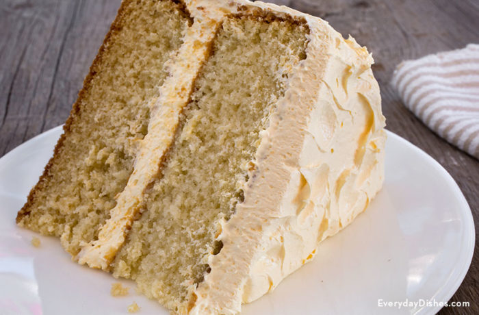A slice of a delicious homemade yellow buttermilk cake.