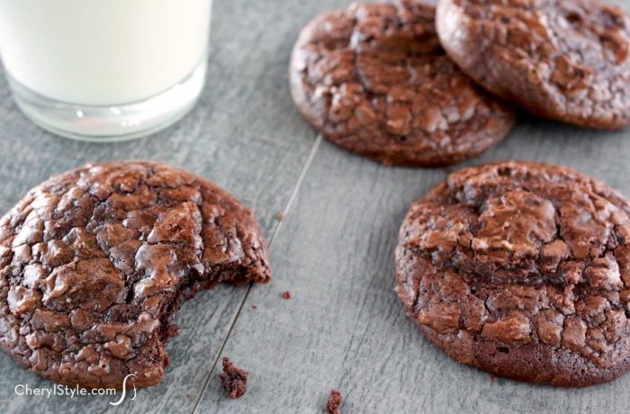 A fresh batch of chewy brownie cookies that are perfect with a glass of milk.