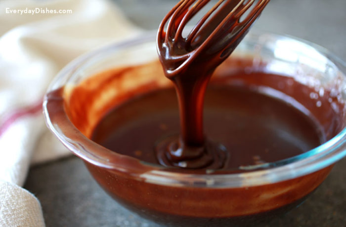 Homemade chocolate hot fudge sauce for topping or dipping in a bowl.