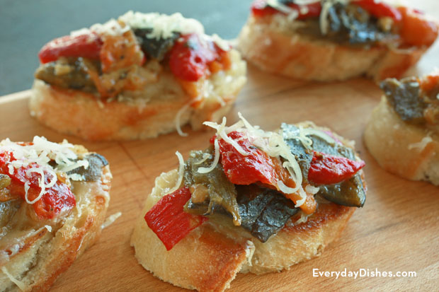 A batch of roasted pepper crostini—smoky and spicy without all the heat.