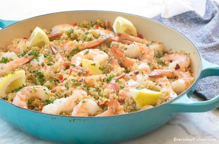 A pan of garlic butter, shrimp, and quinoa, ready to serve for dinner.