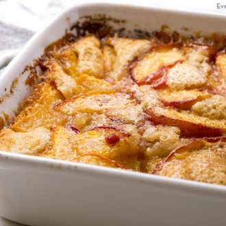 A freshly made old-fashioned peach cobbler.