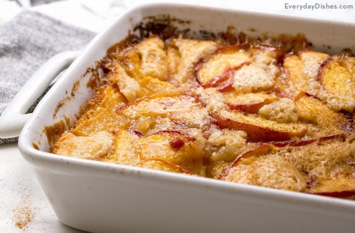 A freshly made old-fashioned peach cobbler.