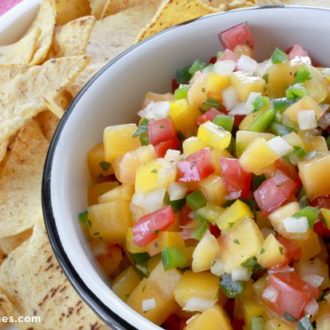 Easy peach salsa, ready to enjoy with tortilla chips.