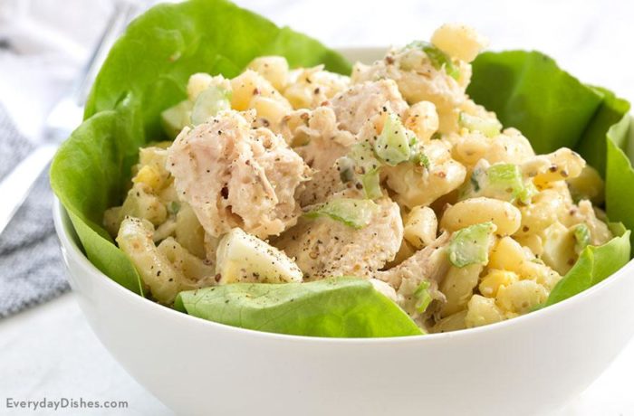 A bowl full of delicious tuna macaroni salad, ready to enjoy