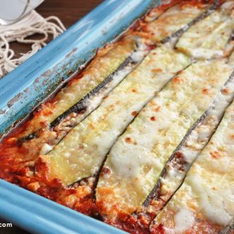 A dish of homemade vegetarian zucchini lasagna that's ready for dinner.