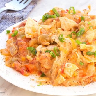 A serving of crunchy chicken casserole — a tasty dinner.