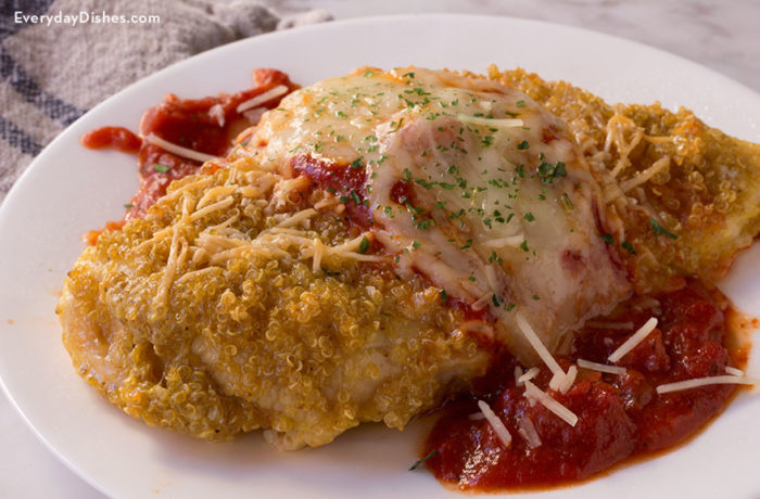 A plate of quinoa chicken parmesan, ready to have for dinner.