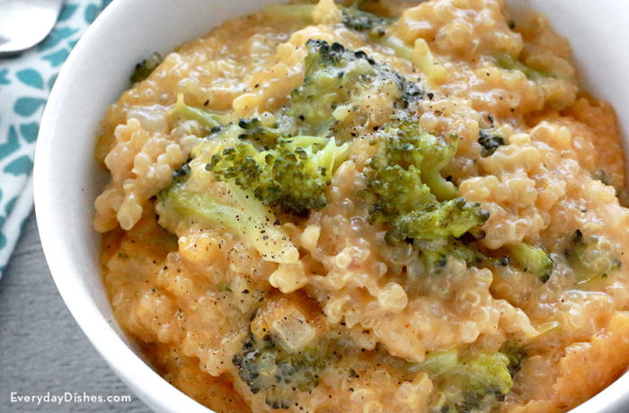 A delicious bowl of cheesy quinoa and broccoli; great for lunch, dinner, or a side.