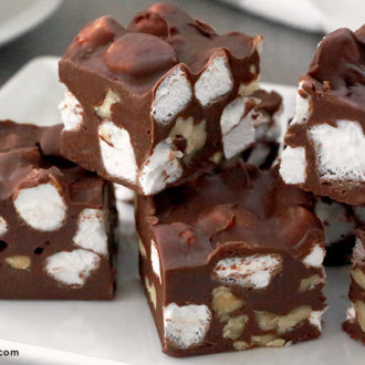 A batch of easy rocky road fudge, cut into squares.