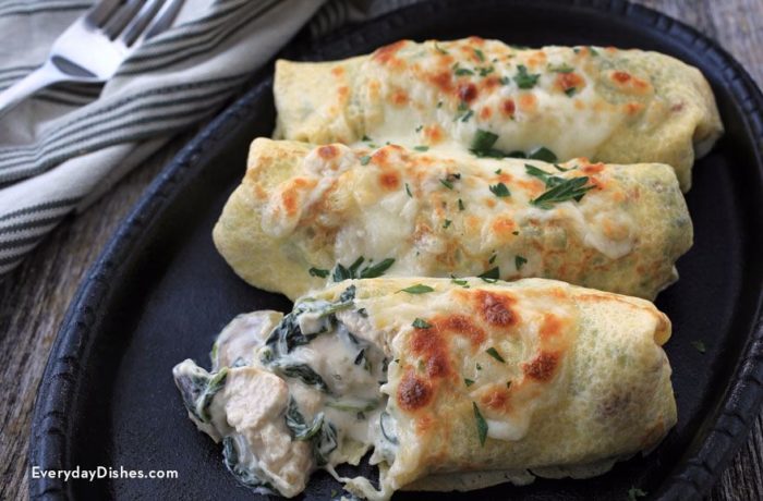 Savory chicken crepes with spinach and mushrooms