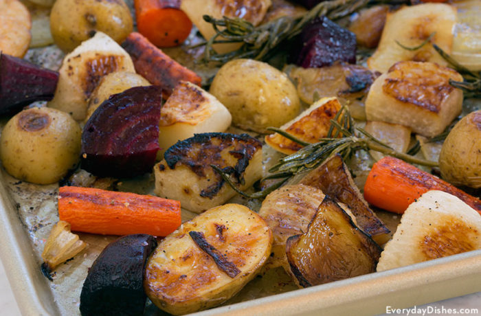 A pan of tasty roasted beets, carrots, and potatoes — a great side dish.