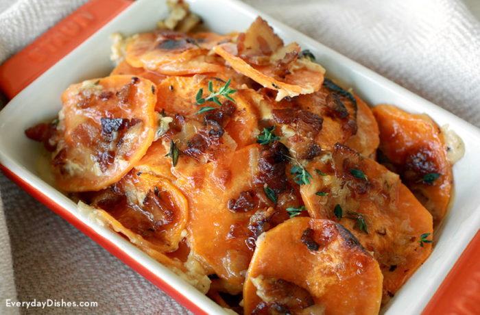 Sweet potato gratin with bacon — a delicious side dish for Thanksgiving.