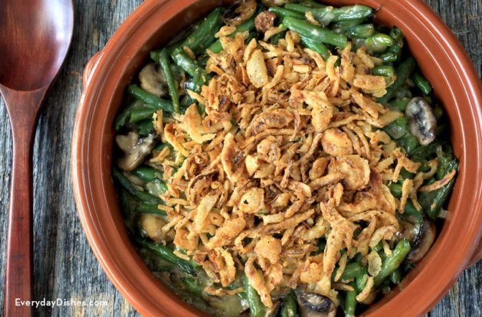 Unbelievably tasty vegan green bean casserole that's in a bowl and ready to serve for dinner.