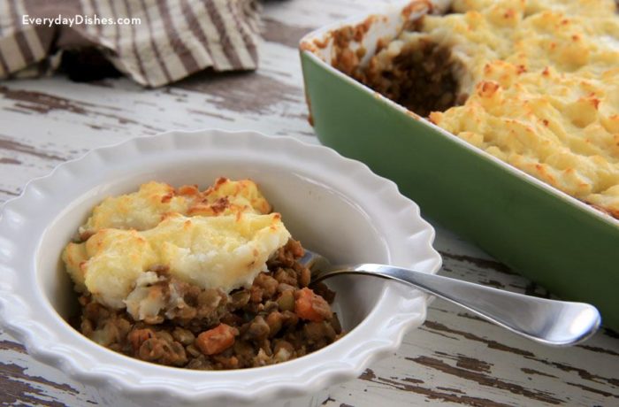 A serving of vegetarian shepherds pie that's ready to enjoy for dinner.
