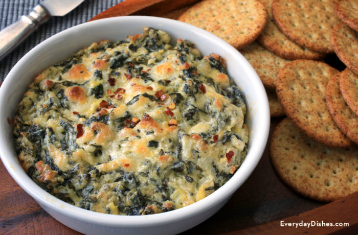 A bowl of homemade hot spinach and artichoke dip
